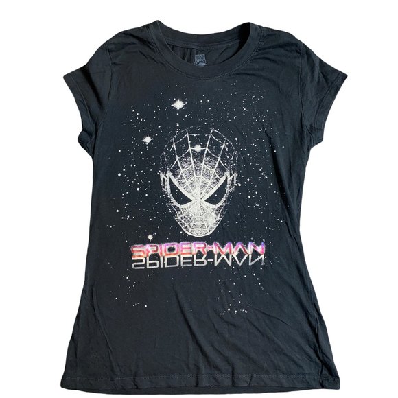 Disney Marvel Spider-Man Head in Stars Womens Large Black Short Sleeve Shirt - Picture 1 of 4